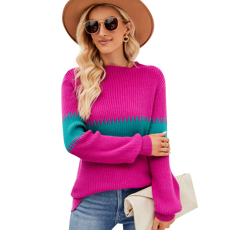 Women's Loose Color Contrast Patchwork Mock Neck Sweater