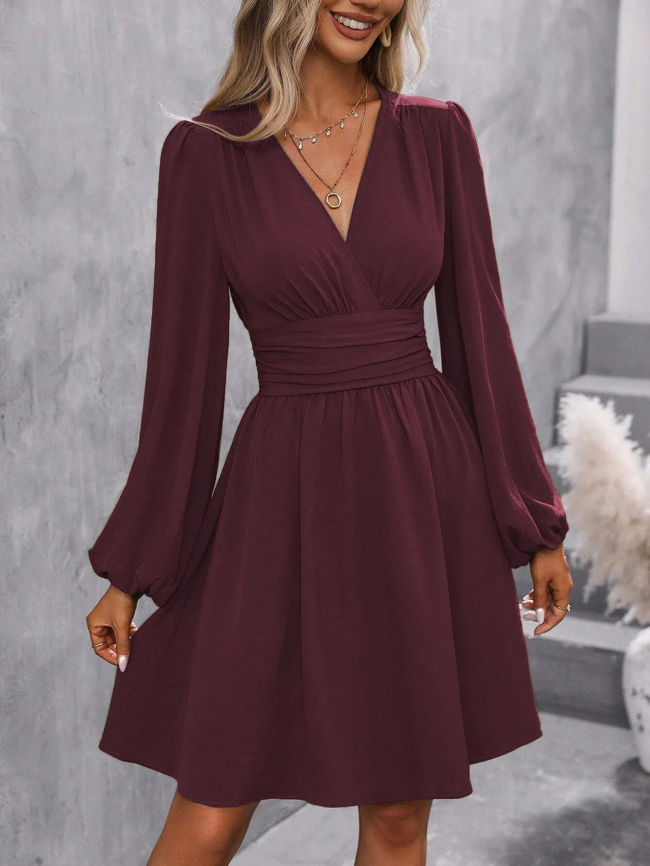 Women's Diagonal Collar Lantern Sleeve Smocking Pleated Waist Dress