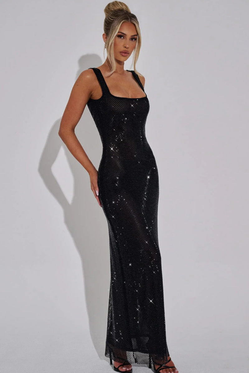 Sexy Double-shoulder Strap Sequins Net Drill Suspenders Dress