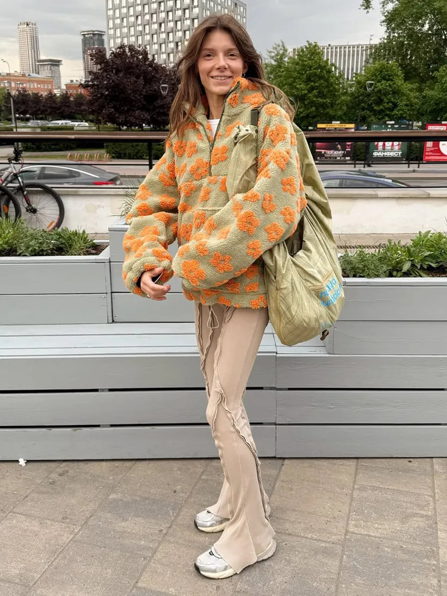 Winter Flowers Lambskin Sweatshirt With Big Pocket Casual Loose Zip-up Lapel Pullover Top Women's Clothing