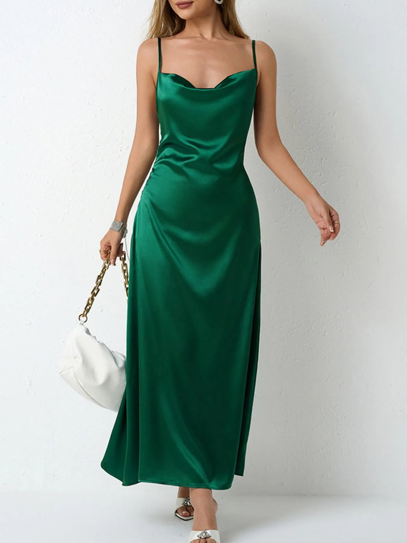 satin solid cowl neck cami dress satin cowl neck spaghetti strap bodycon dress, polyester, solid color, peplum style, with high split, for women, spring/summer/fall long dress - women's clothing