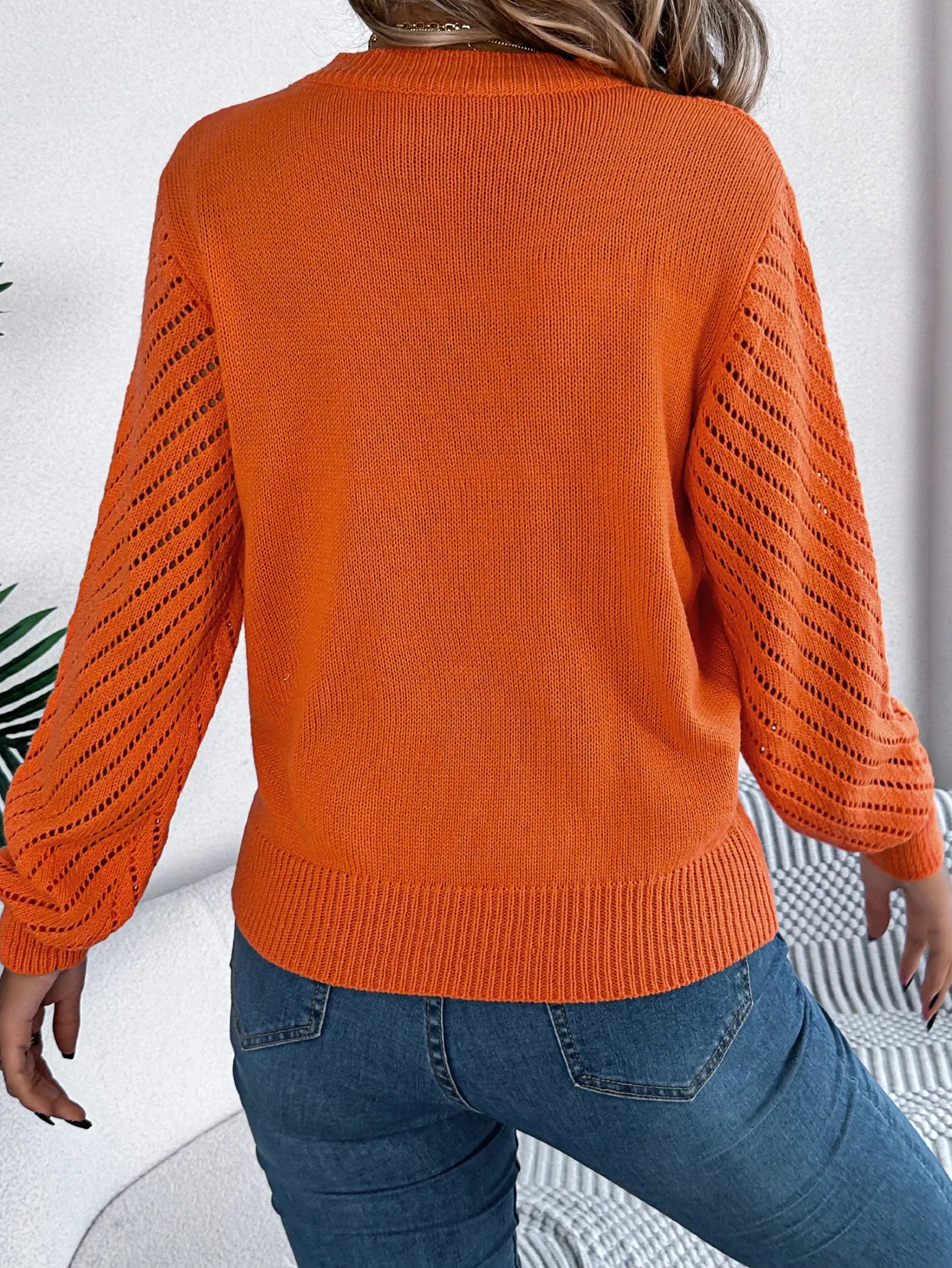 Casual Hollow Round Neck Pullover Sweater Fashion Solid Color Lantern Sleeve Top Womens Clothing