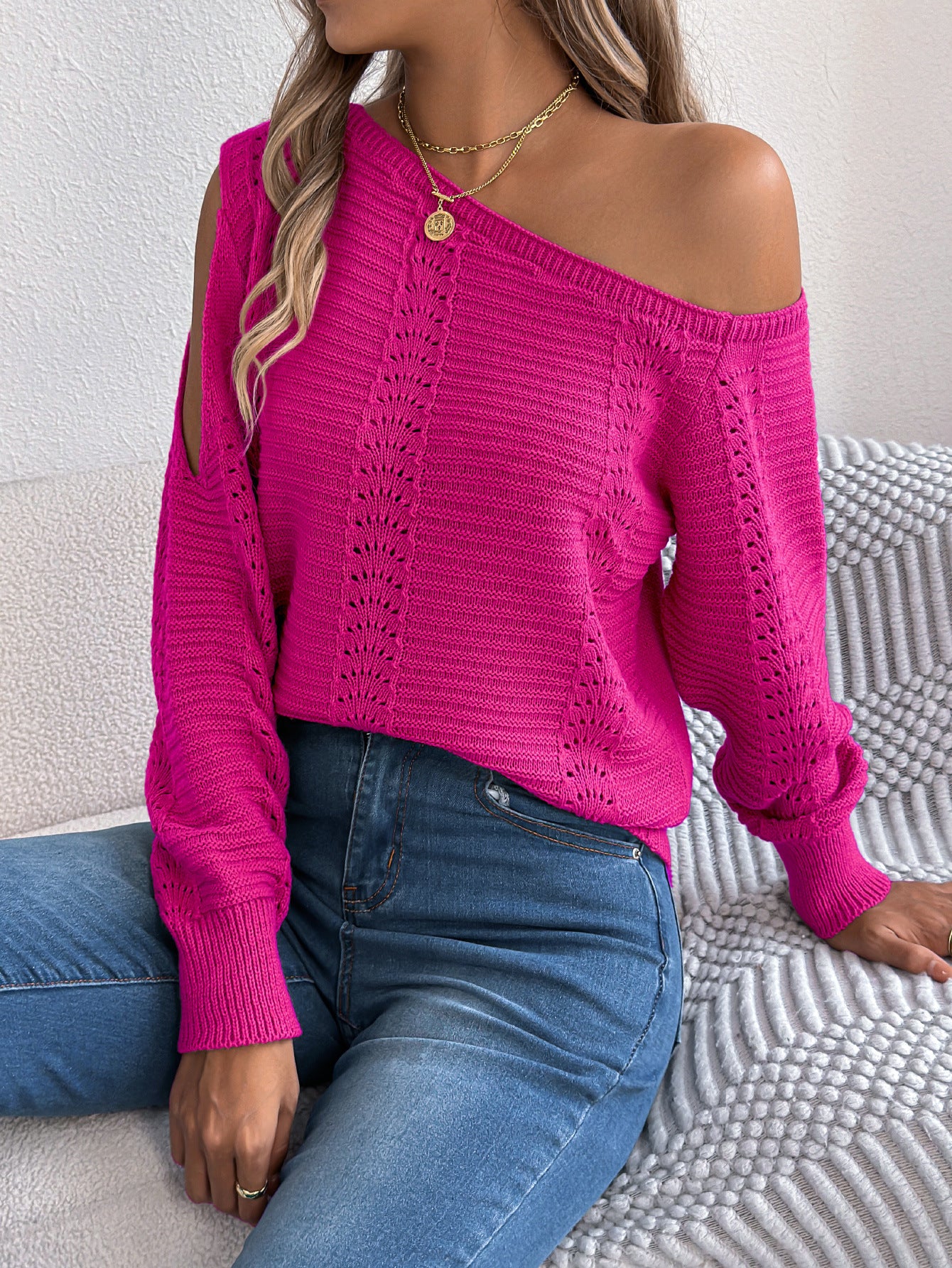 Solid Color Hollow Out Shoulder-baring Long Sleeve Pullover