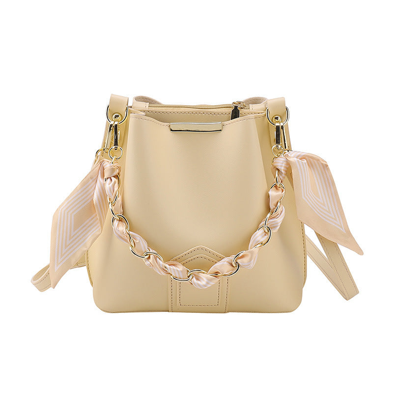 Leather Bucket Tote Bag with Chain Sling Handle