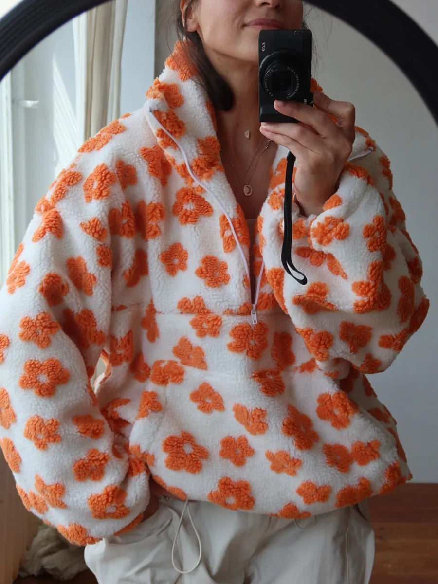 Winter Flowers Lambskin Sweatshirt With Big Pocket Casual Loose Zip-up Lapel Pullover Top Women's Clothing