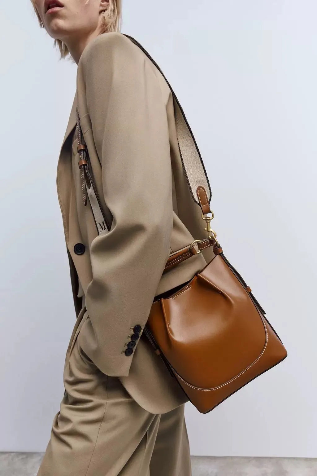 Fashion Drawstring Canvas Contrast Color Casual One-shoulder Bucket Bag
