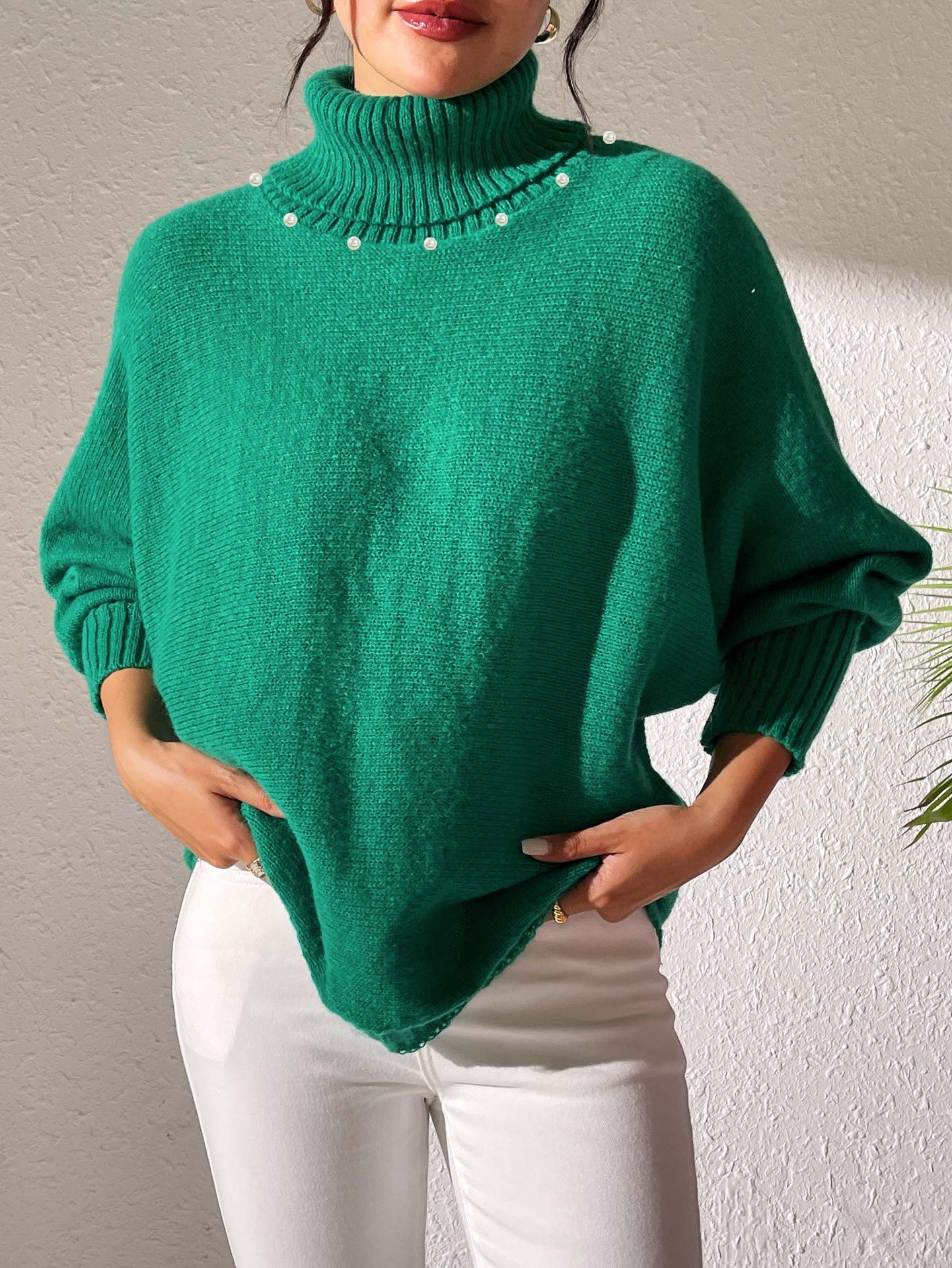 Women's Solid Color Simple Top Pearl Beaded Turtleneck Sweater Women's Base Shirt