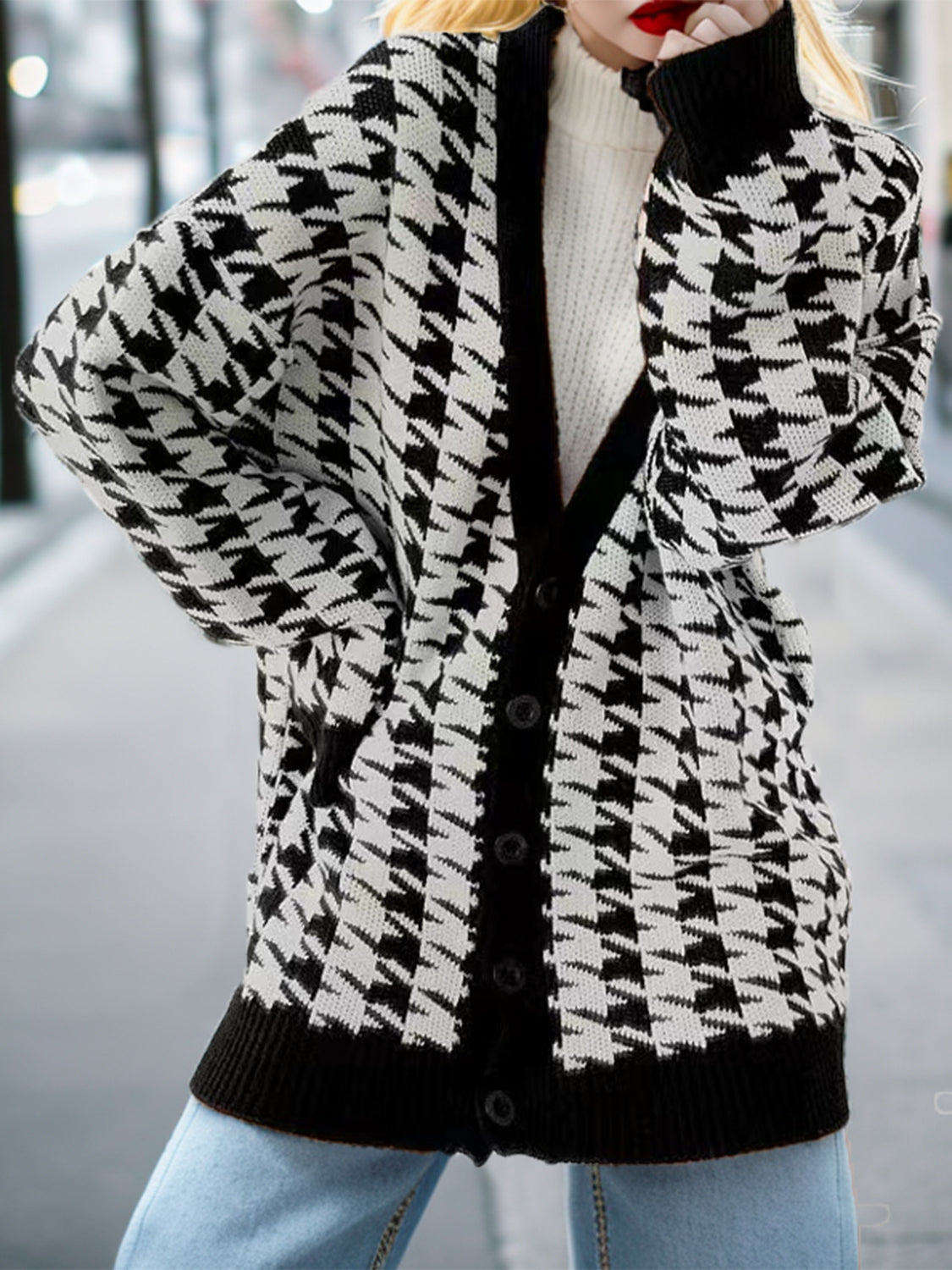 Houndstooth Button Front Long Sleeve Cardigan