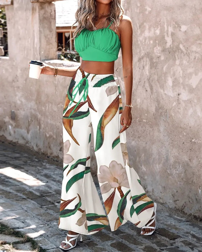 Summer New Commuter Two-piece Printed Lace-up Wide-leg Pants Suit