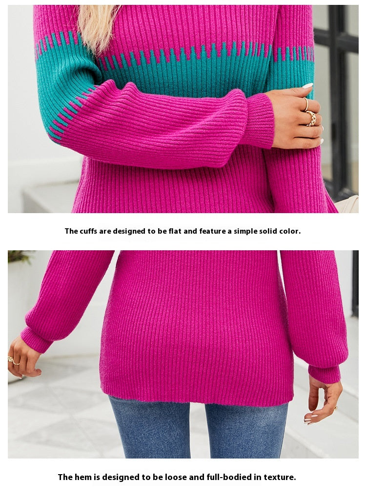 Women's Loose Color Contrast Patchwork Mock Neck Sweater