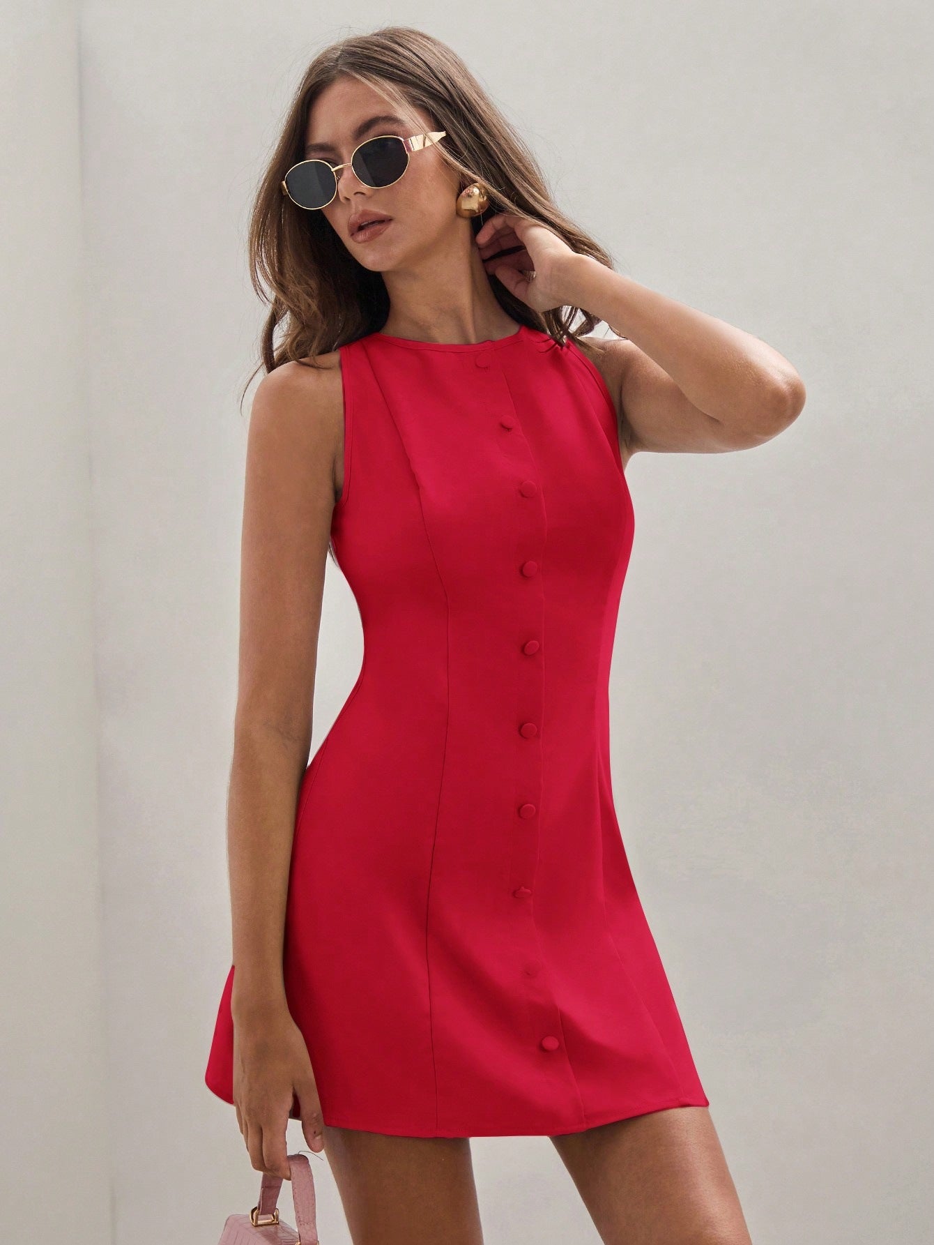 Women's Solid Color Temperament Breasted Sleeveless Dress