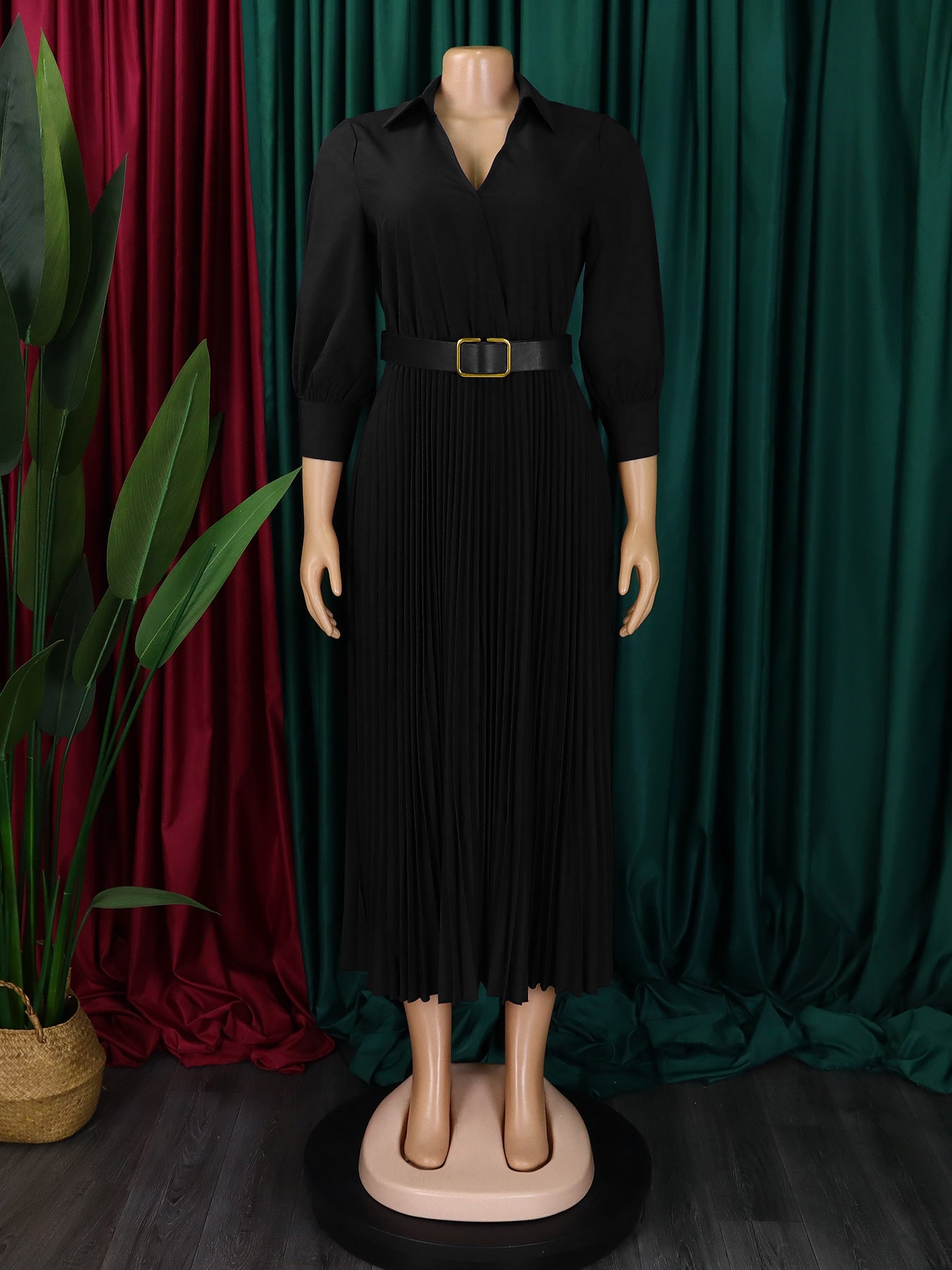 Autumn And Winter New Elegant Polo Collar Solid Color Large Swing Pleated Dress