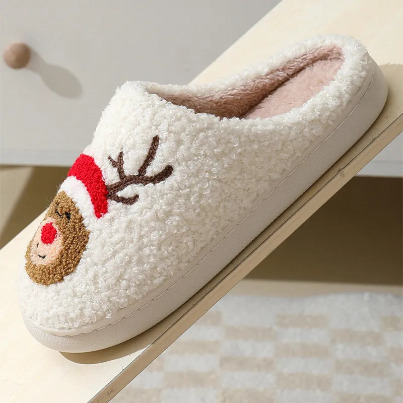 Christmas Home Slippers Cute Cartoon Santa Claus Cotton Slippers For Women And Men Couples Winter Warm Furry Shoes