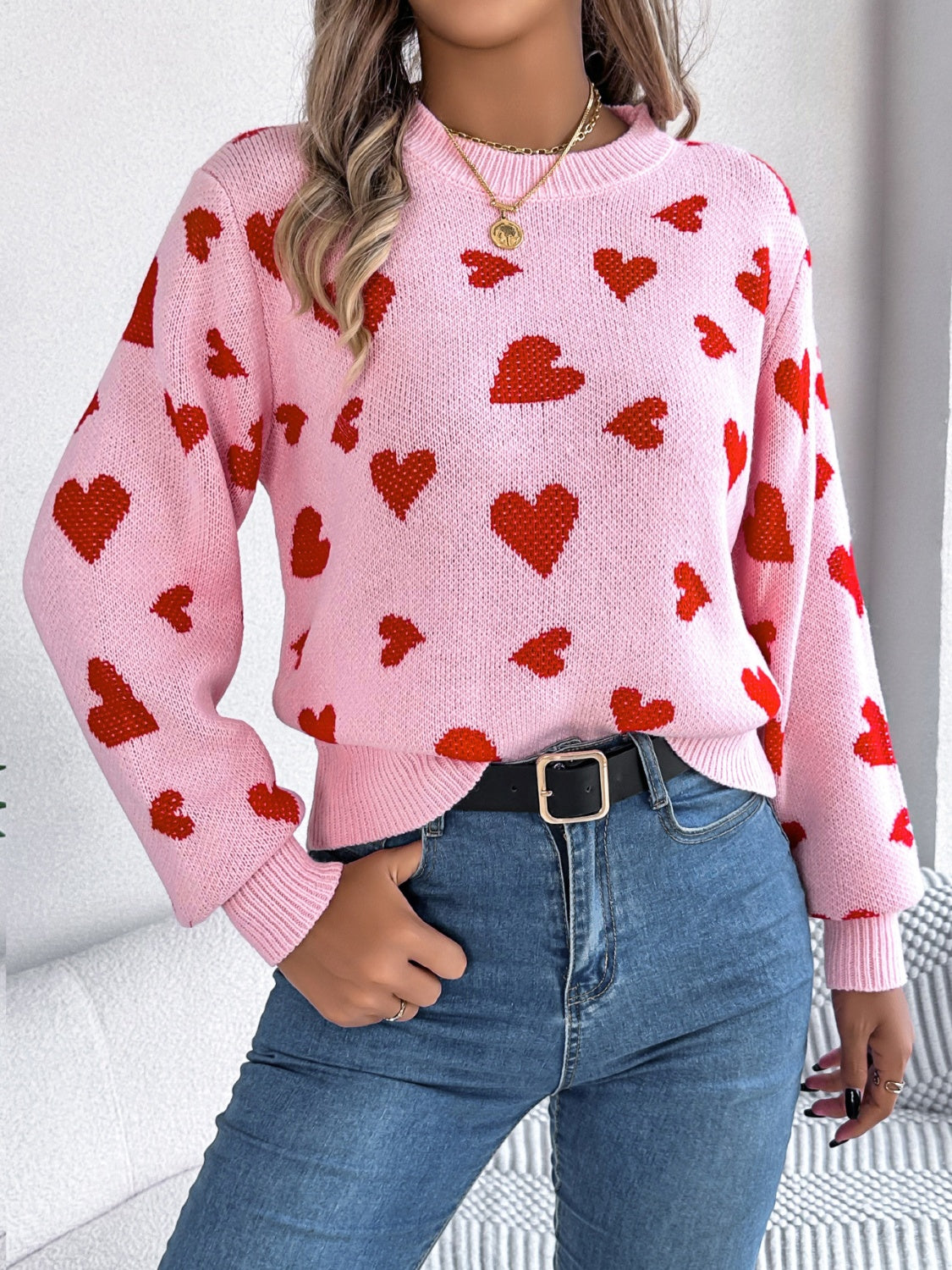 Heart Pattern Round Neck Long Sleeve Sweater