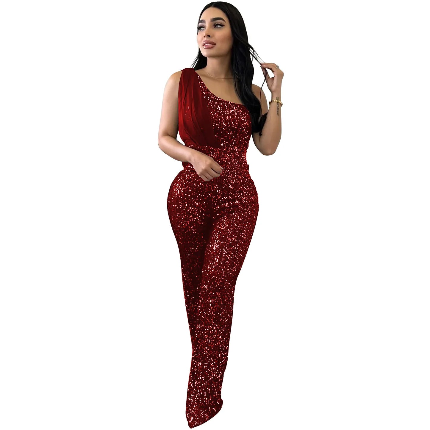 Women's Solid Color Sleeveless One-shoulder Sequined Trousers Jumpsuit