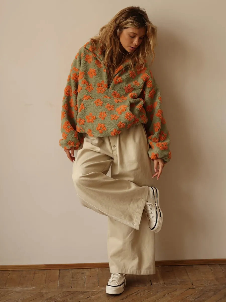 Winter Flowers Lambskin Sweatshirt With Big Pocket Casual Loose Zip-up Lapel Pullover Top Women's Clothing
