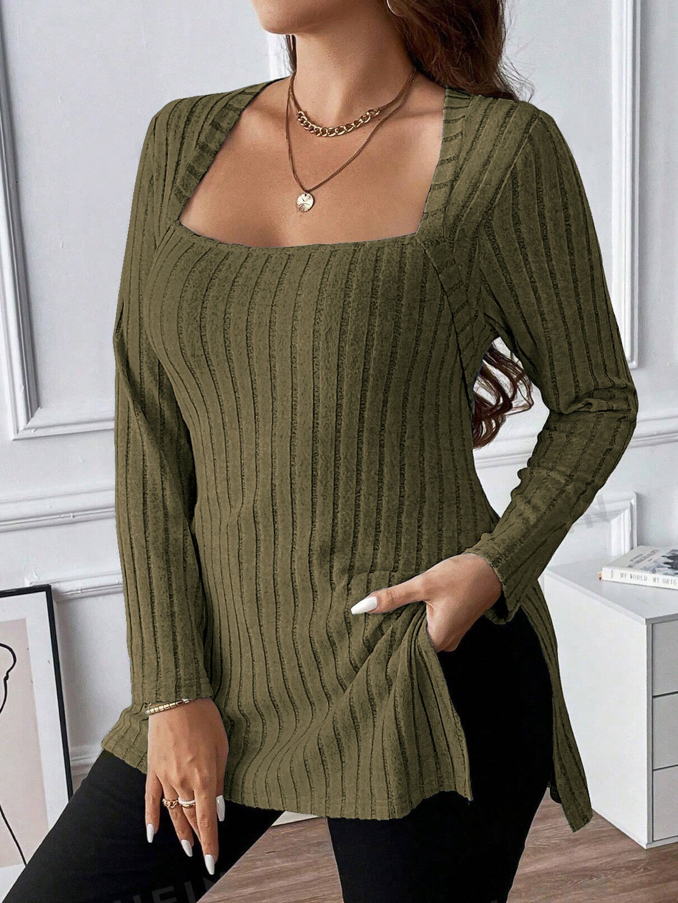 Rib Fabric Brushed Square Collar Long Sleeve Top