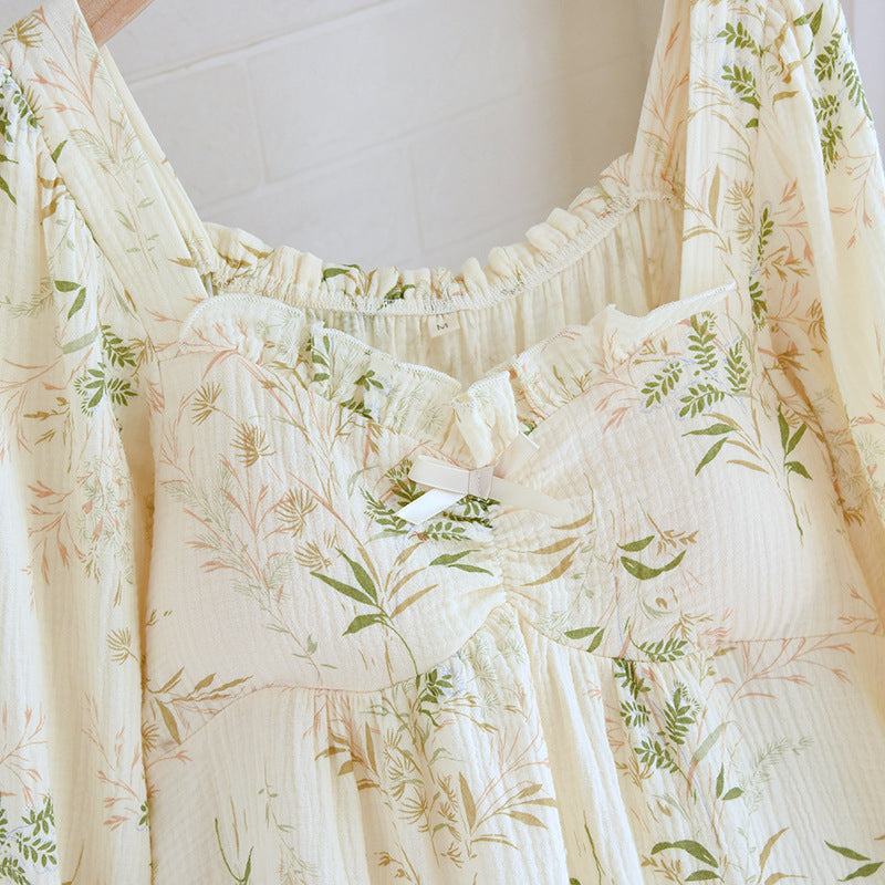 Cotton Crepe Chest Pad Long Sleeve Skirt U-collar Pullover Nightdress