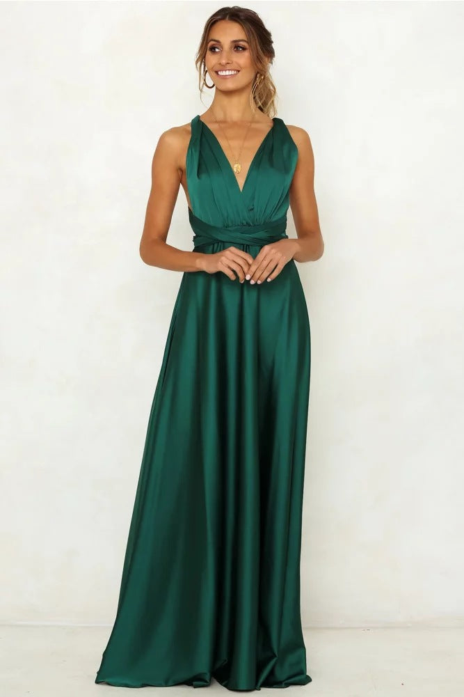 Deep V-neck Sleeveless Lace-up Sexy Backless High Waist Large Swing Satin Dress