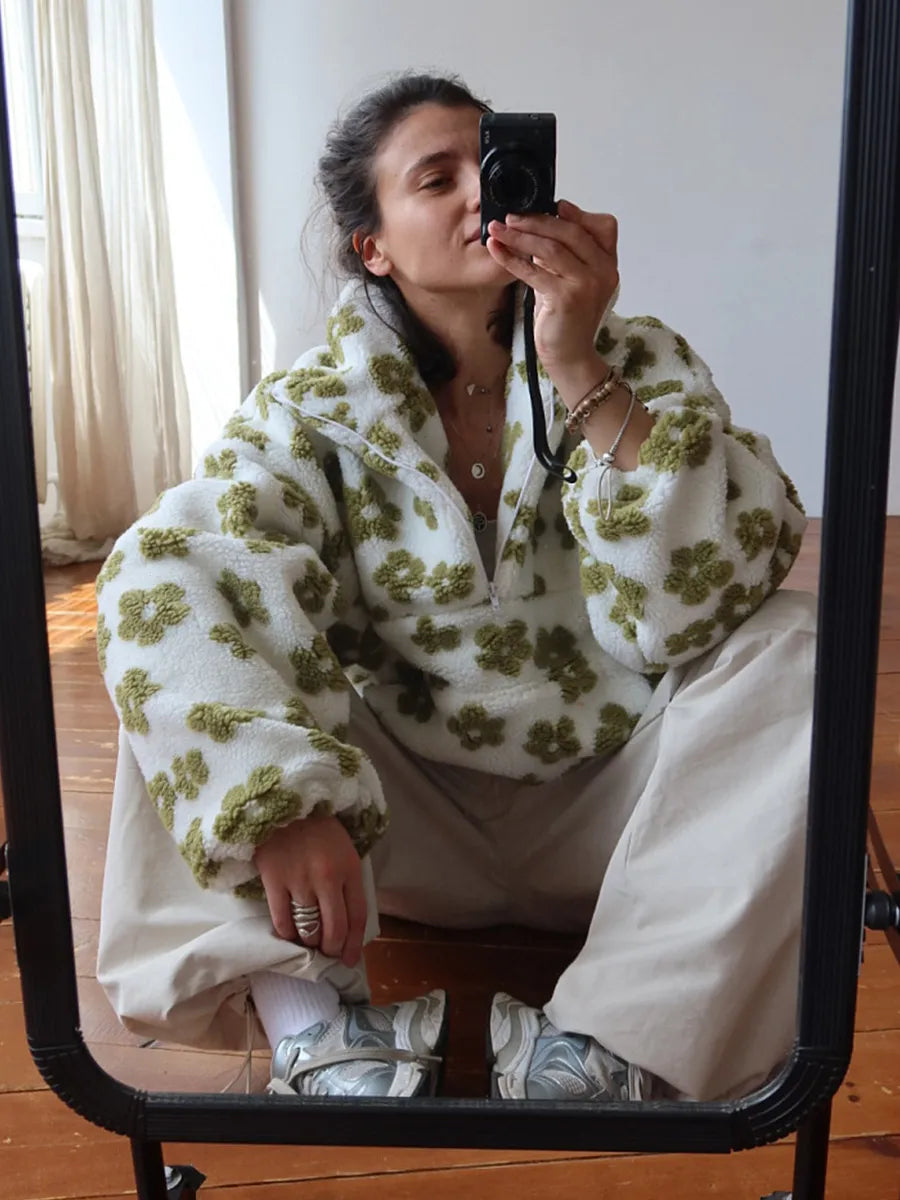 Winter Flowers Lambskin Sweatshirt With Big Pocket Casual Loose Zip-up Lapel Pullover Top Women's Clothing