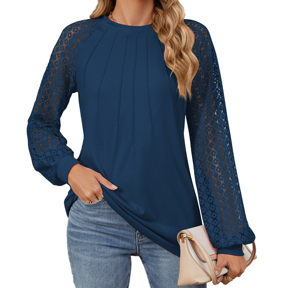 New Lace Long Sleeve Round Neck T-shirt Fashion Loose Solid Color Pullover Top For Womens Clothing