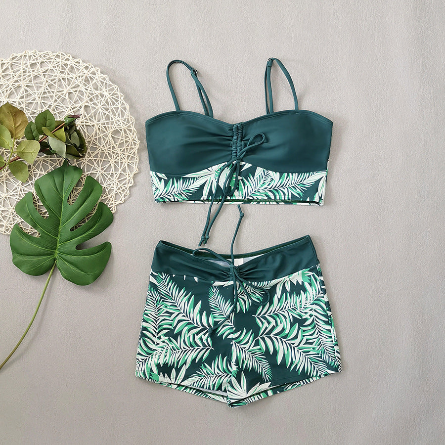 Women's Split High Waist Boxer Lace Printing Swimsuit