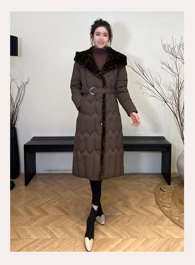 Stitching Overknee Long Slim-fit Belt Elegant Cotton-padded Jacket