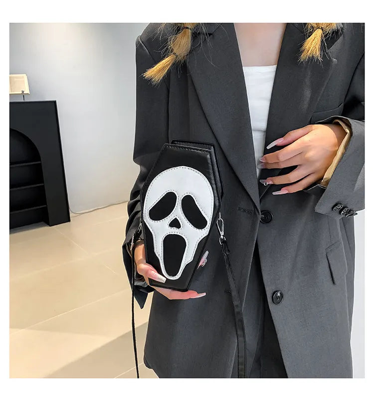 Halloween Coffin-shape Shoulder Bag Gothic Ghost Spider Web Messenger Crossbody Bag Kids Personality Phone Bag For Women