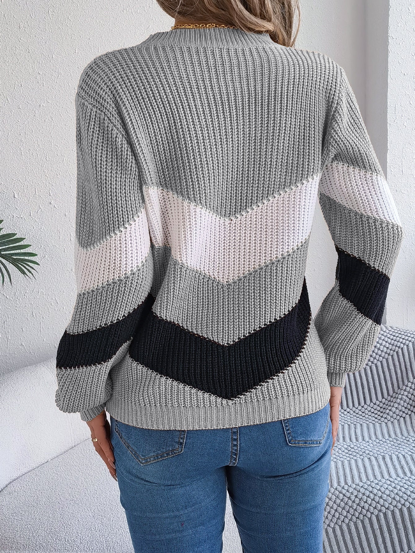 Casual Multicolor Lantern Long Sleeve Pullover