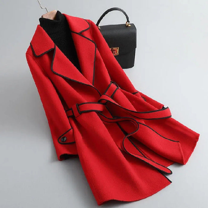 Western Style Contrast Color Mid-length Woolen Coat