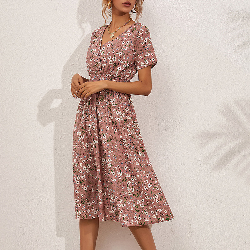 Women's V-Neck Floral Print Dress - A-Line Waisted Summer Maxi Dress - Free USA Shipping