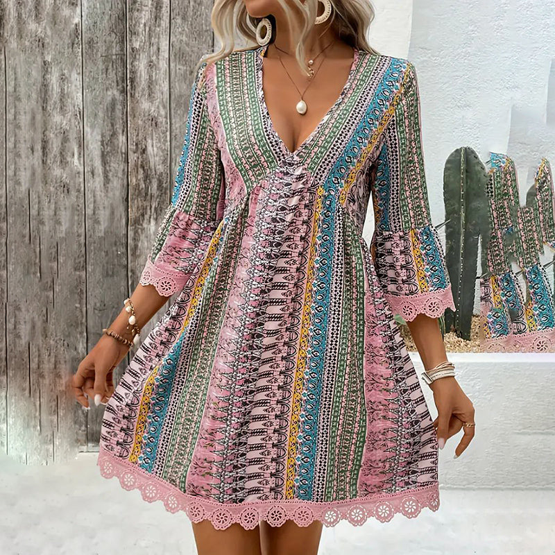 Women's Boho Print Mini Dress V-Neck 3 4 Sleeve Flowy Casual Summer Beach Sundress-FREE USA SHIPPING