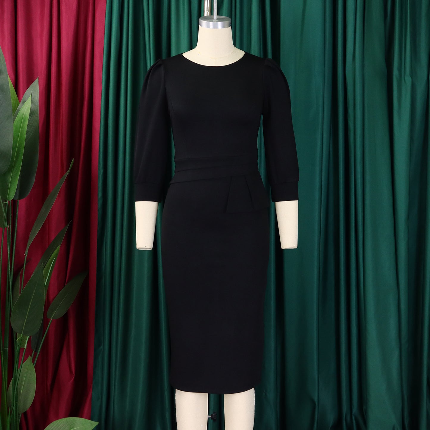 Women's Bodycon Pencil Dress Round Neck 3 /4 th Sleeve Peplum Office Dress - Free USA Shipping