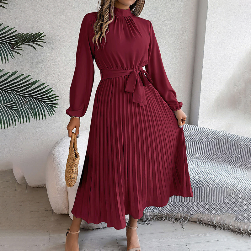 Elegant High Neck Long Sleeve Pleated Maxi Dress - Solid Color Flowy Dress For Women, Casual To Formal Wear-FREE USA SHIPPING