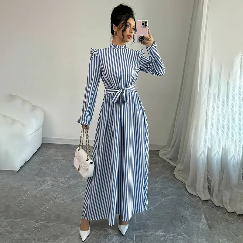 Women's Floral Print Long Sleeve Stand Collar A-Line Maxi Dress -  Free USA Shipping