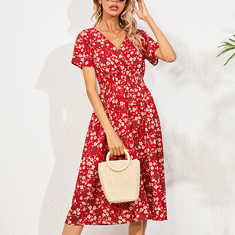 Women's V-Neck Floral Print Dress - A-Line Waisted Summer Maxi Dress - Free USA Shipping