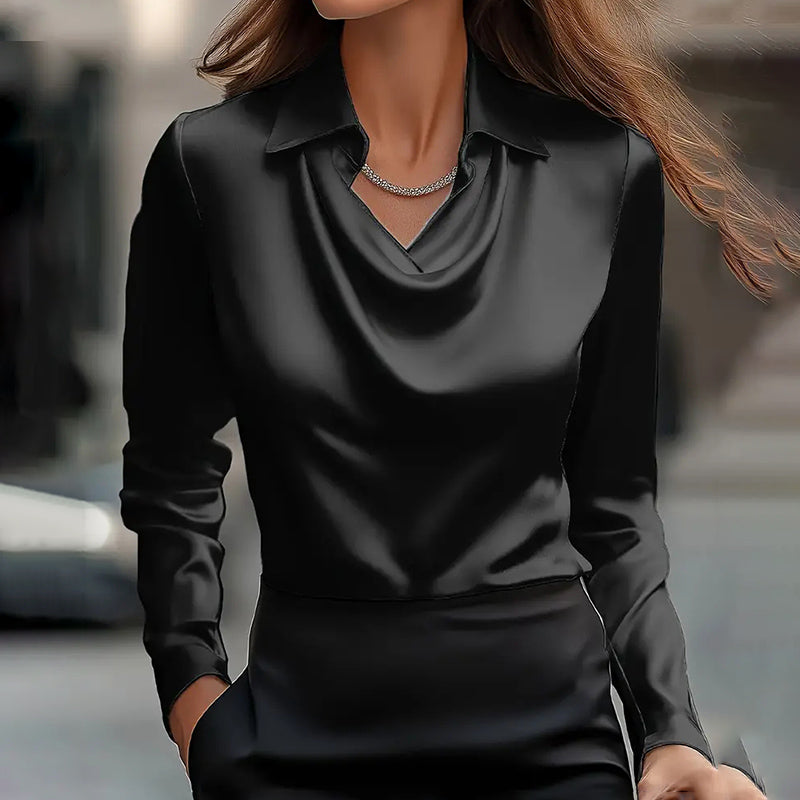 Women's Elegant Long Sleeve Blouse - Solid Color Lapel Top With Ruched Chest Detail Office & Casual Wear For Spring Fall