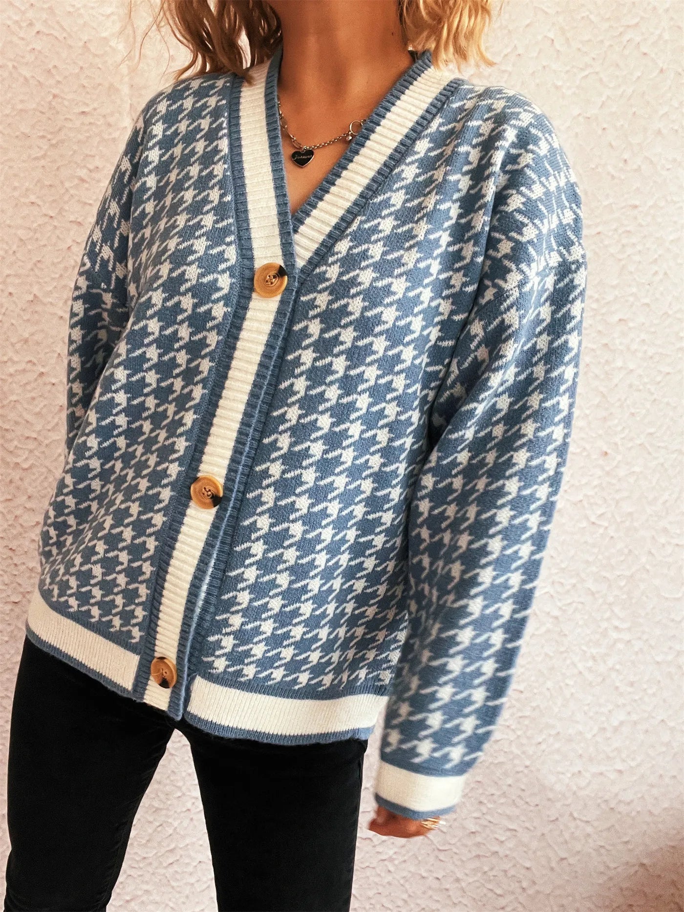 Stitching Plaid Knitted Women's Sweater
