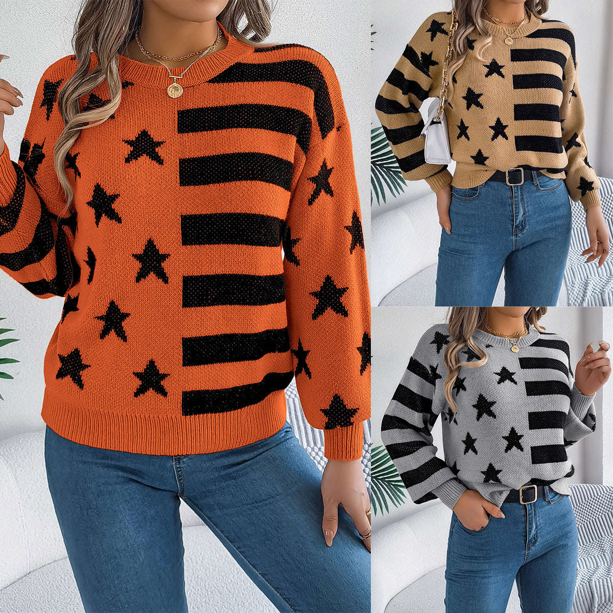 Casual Star Stripes Lantern Long Sleeve Pullover