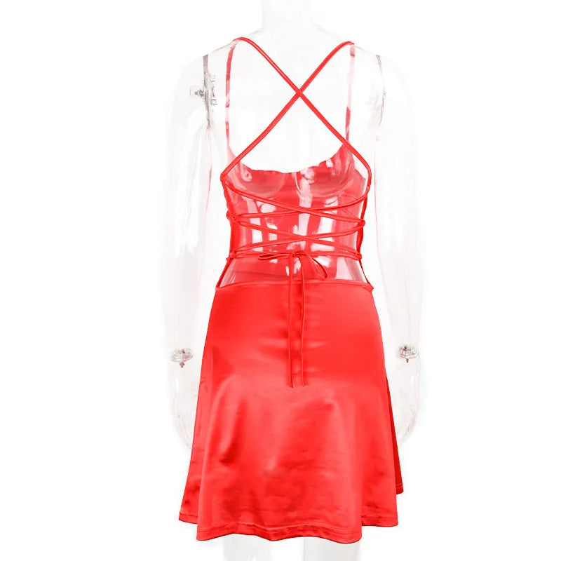 Ins Sexy Suspender Mini Dress With Lace-up Design Backless Skirt For Party Solid Color Womens Clothing