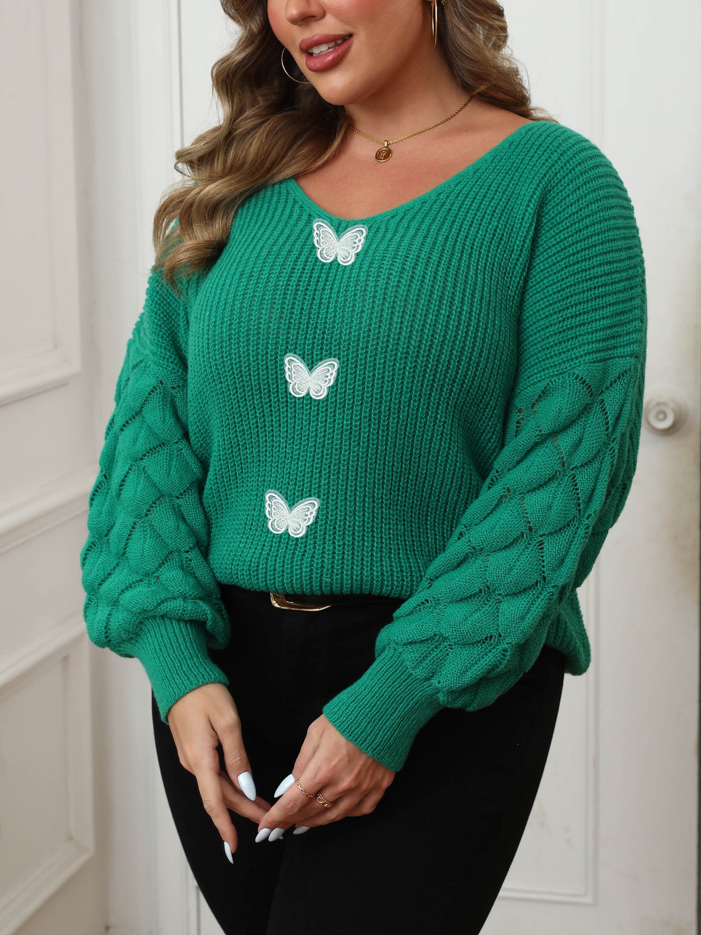 Plus Size Women's Pineapple Sleeve Stitching Deep V Woven Lace Butterfly Sweater