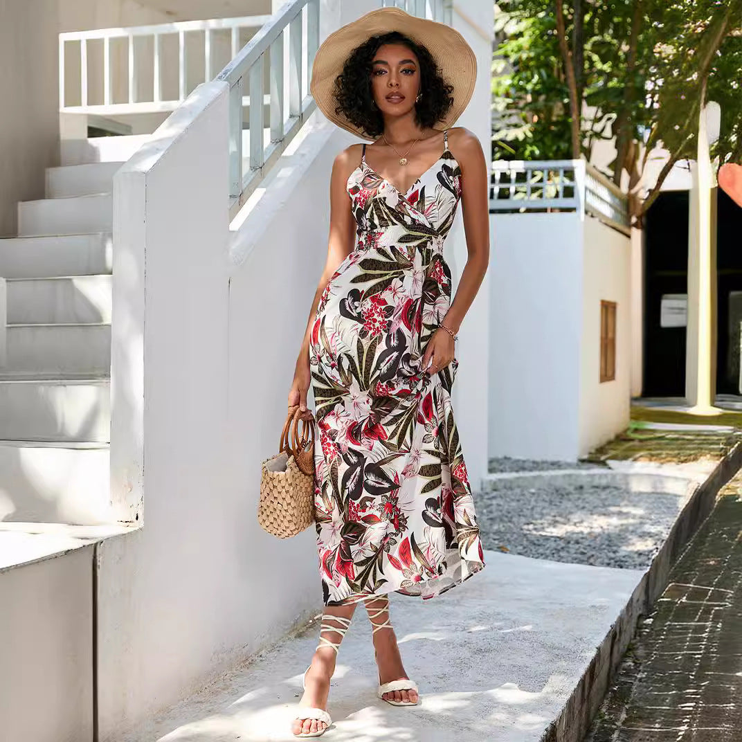 Women's Printed Waist-controlled Mid-length Sling Dress