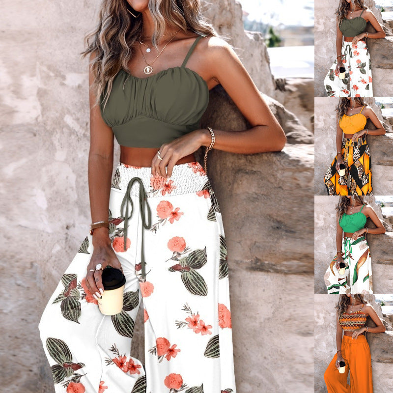 Summer New Commuter Two-piece Printed Lace-up Wide-leg Pants Suit