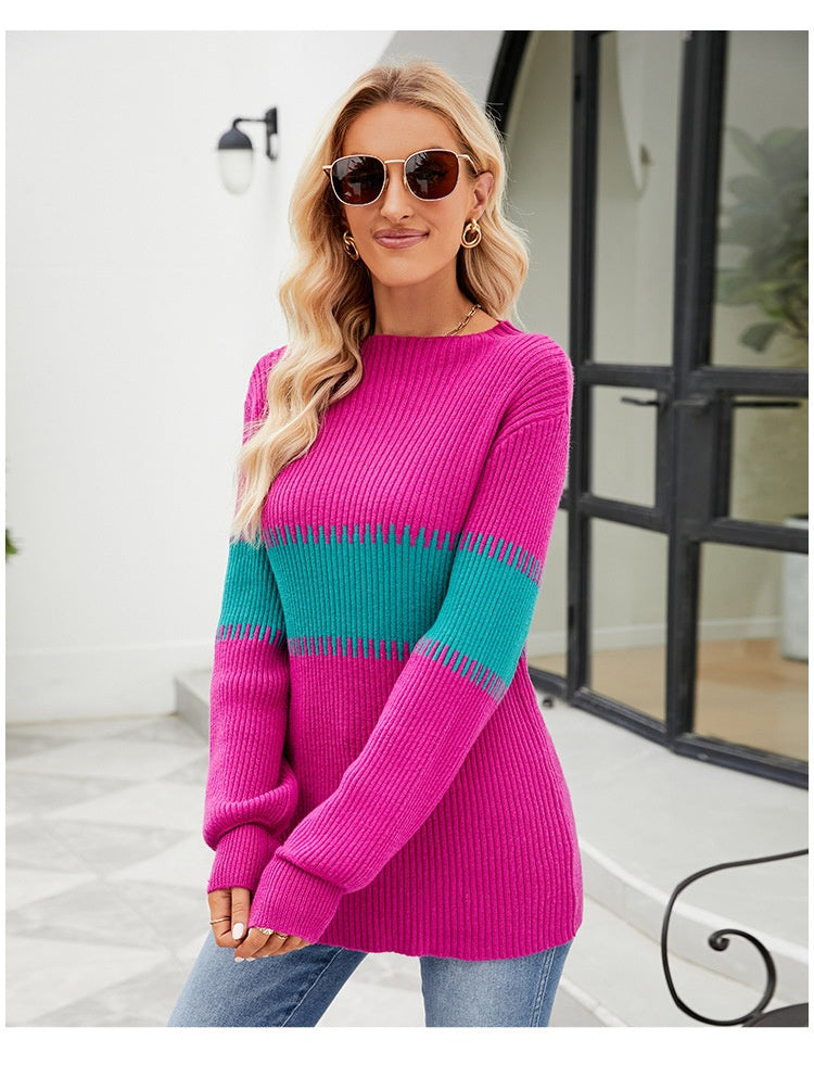 Women's Loose Color Contrast Patchwork Mock Neck Sweater