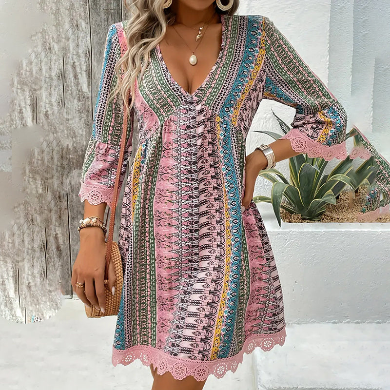 Women's Boho Print Mini Dress V-Neck 3 4 Sleeve Flowy Casual Summer Beach Sundress-FREE USA SHIPPING