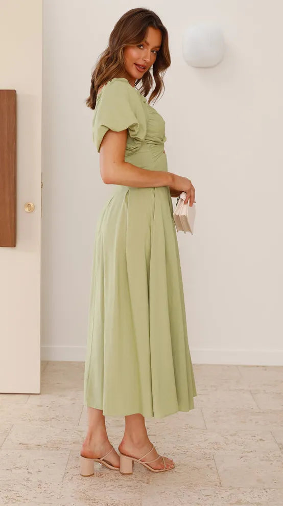 Women's Solid Color And V-neck Long Puff Sleeve Long Slimming Dress