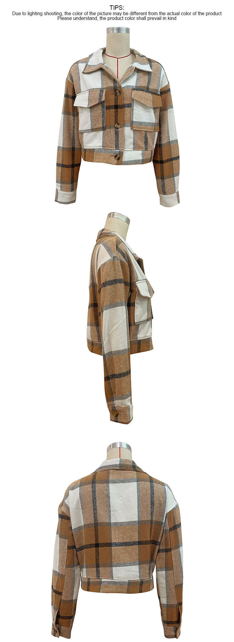 Plaid Lapel Cropped Jacket With Pockets Fashion Button Long Sleeve Short Outwear Tops Coat For Womens Clothing