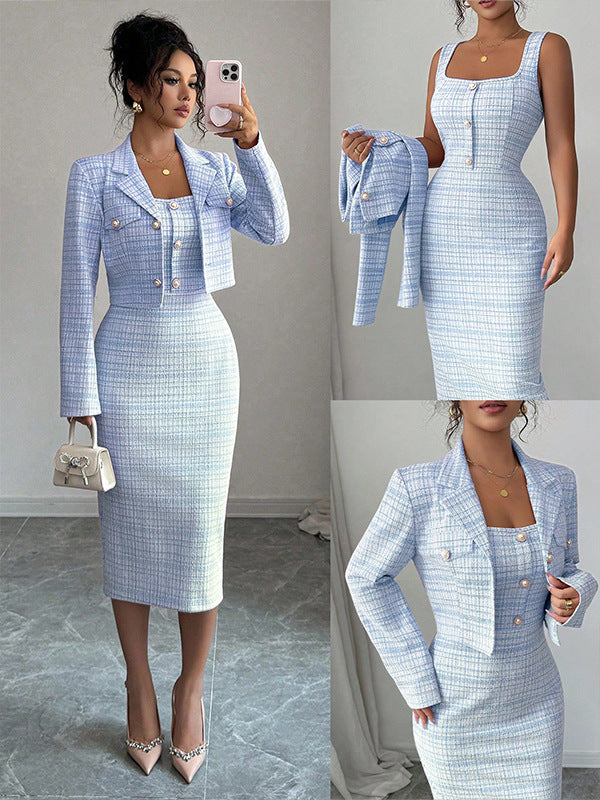 Women's Clothing Skirts Suit Lapel Long Sleeve Short Plaid Jacket