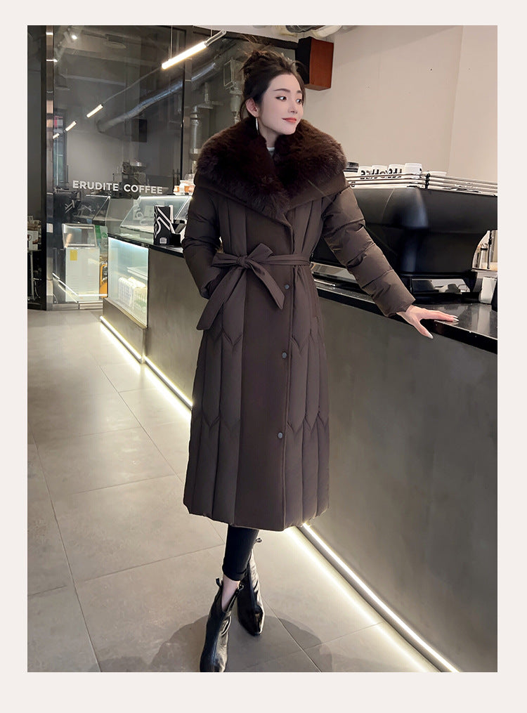 Stitching Overknee Long Slim-fit Belt Elegant Cotton-padded Jacket
