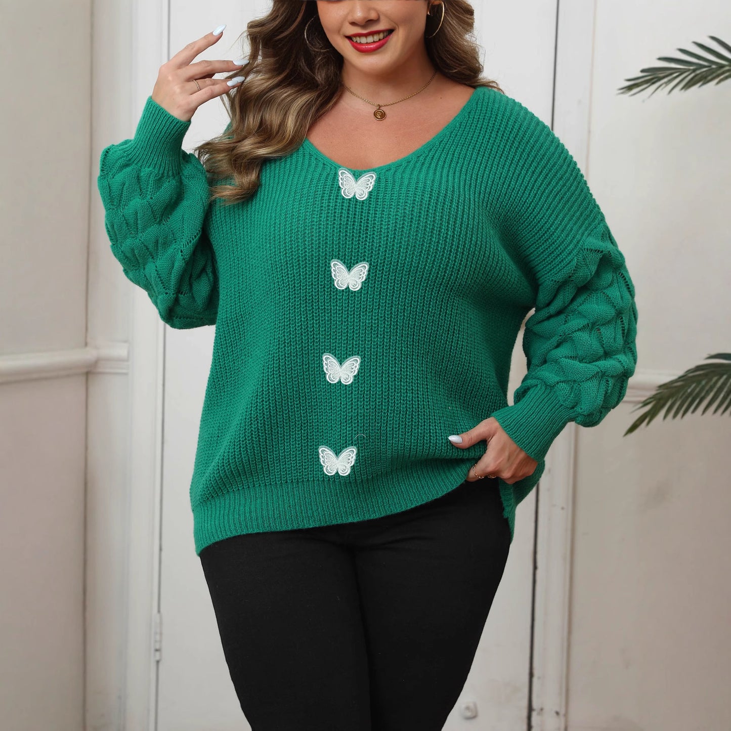Plus Size Women's Pineapple Sleeve Stitching Deep V Woven Lace Butterfly Sweater